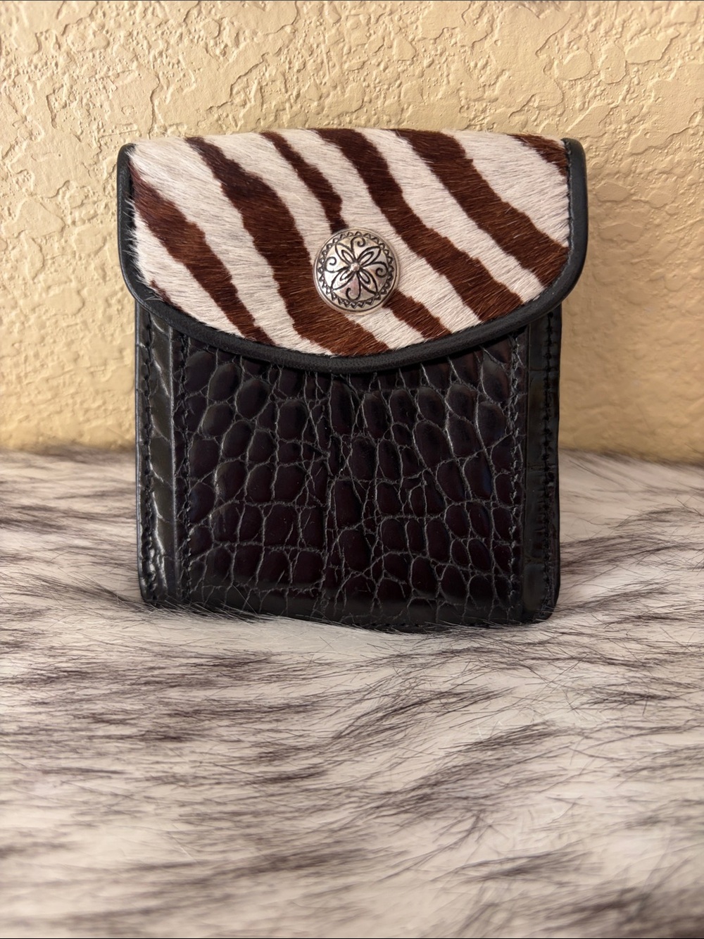 Brighton Faux Cowhide Zebra-Print Flap Leather Wallet - Brown & White